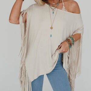 Three Bird Nest Show Stopper Cream Fringe Poncho Top